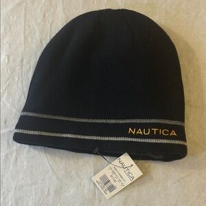 Nautica Black Knit Beanie with Gray Trim and Yellow Logo